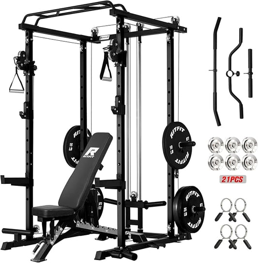 RitFit Power Cage with Optional LAT PullDown/Cable Crossover, 1000LB Squat Rack for Home & Garage Gym, with Weight Storage Rack and More Training Attachments, ASTM-Certified