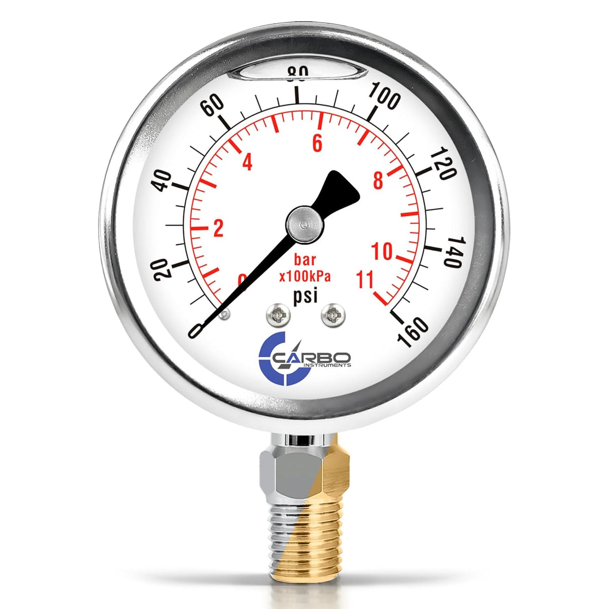 Stainless Steel Pressure Gauge Dual Display (0-160 psi/kPa) - 2 1-2" Glycerine Liquid Filled Water Air Oil Gas Gauge with Polycarbonate Lens & Brass Connection - 1/4" NPT Lower Mount