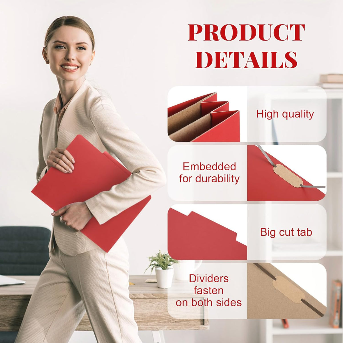 12 Pcs Classification Folders Letter Size, Back to School Supply for Teacher, Student, 2 Pocket Dividers Pressboard File Folder Bulk with 2 Fasteners, 2 in Expanding File Organizer (Red)