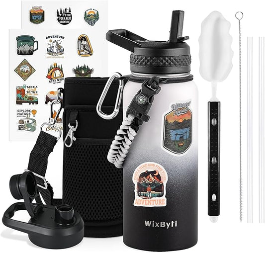 32 oz Insulated Water Bottle with Straw (Cold for 48 Hrs), Stainless Steel Triple Wall Vacuum Sports Water Jug, Leakproof Hydro Cup Flask with Paracord Handle & Straw Spout Lids & DIY Stickers