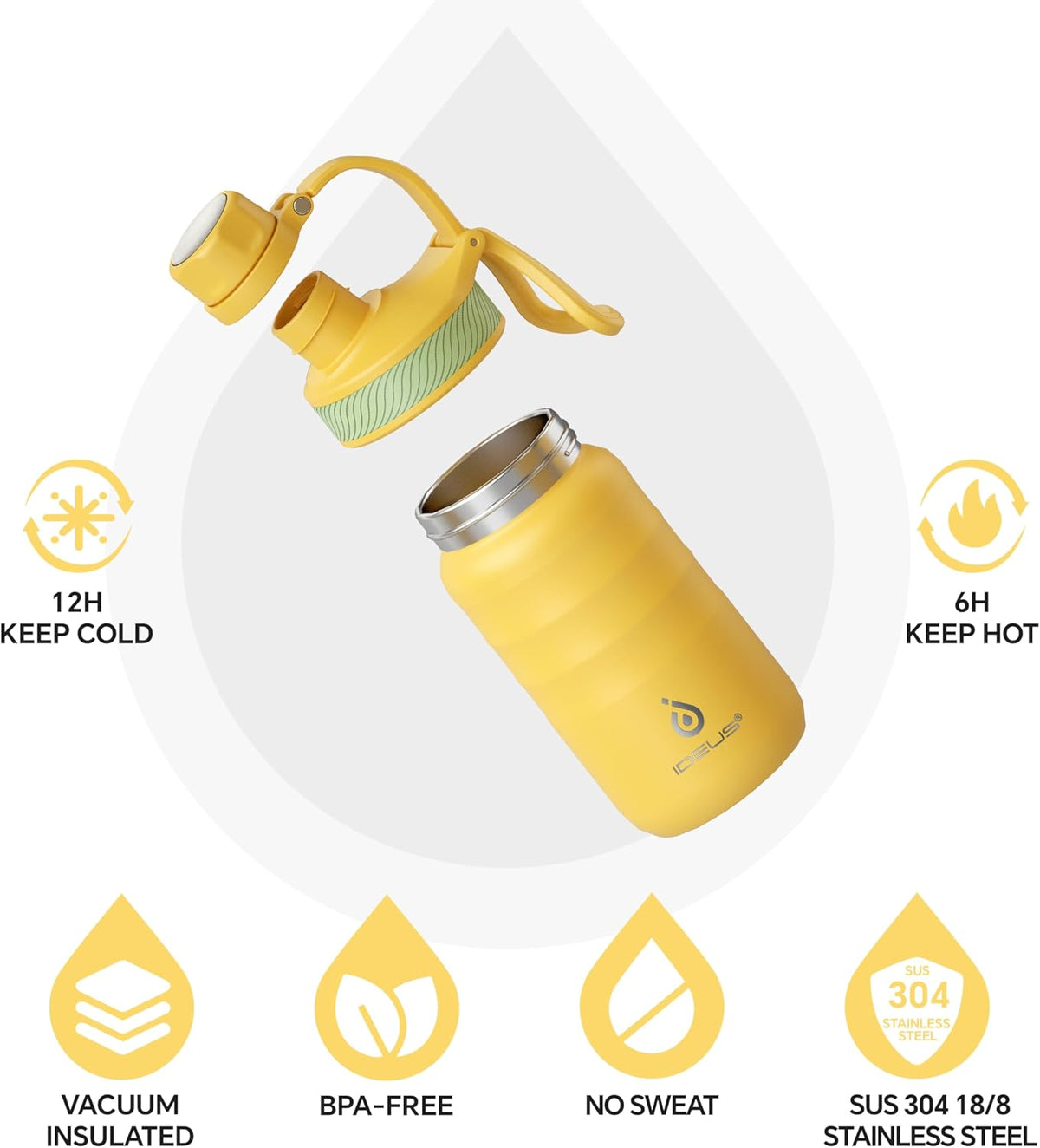IDEUS Insulated Water Bottle 12oz, Stainless Steel Insulated Water Bottle For School, Insulated Bottles With Straws Leakproof, Vacuum Double Wall Water Bottles For Boys And Girls With 2 Lids, BPA Free