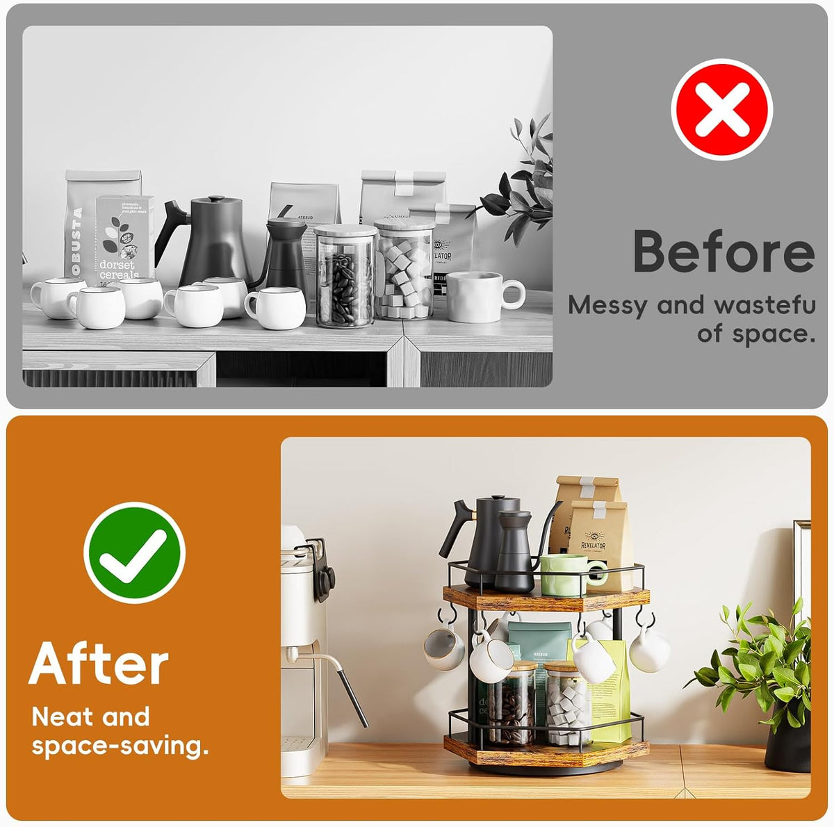 KLM 2 Tier Coffee Bar Organizer Countertop Station Shelf for Home Office, Multi-Functional Coffee Mug Cup Holder Stand, Accessory Storage Rack with 6 Hooks, 360° Rotated Coffee Cup Holder for Counter