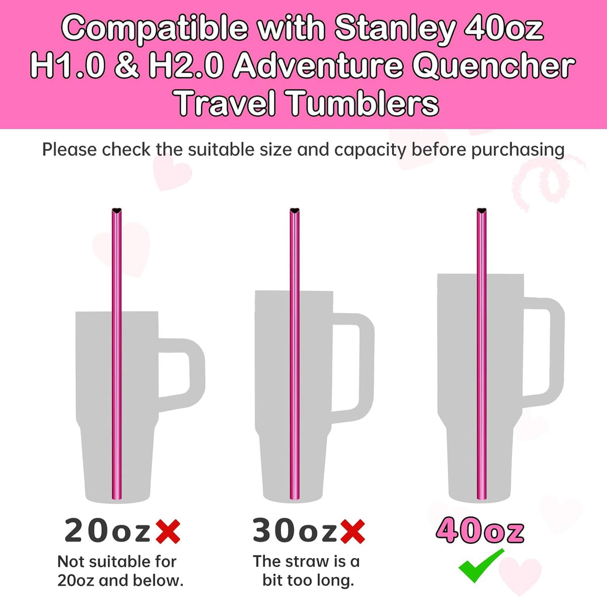 NiHome 10-Pack Heart-Shaped Stainless Steel Drinking Straws with 2 Cleaning Brushes, 12" Long Reusable Straws for Stanley Tumbler 30oz 40oz, Dishwasher Safe, Safe Edges for Kids (Pearl Hot Pink)