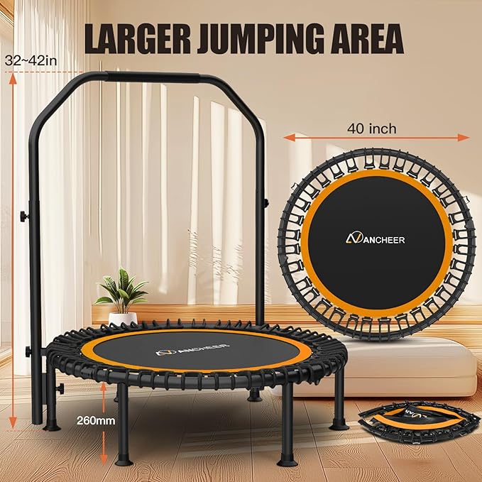 ANCHEER 40/48" Mini Trampoline with Upgraded Bungee Cords, 550LBS Capacity, Adjustable Foam Bar & Resistance Ropes, Indoor/Outdoor Rebounder for Adults