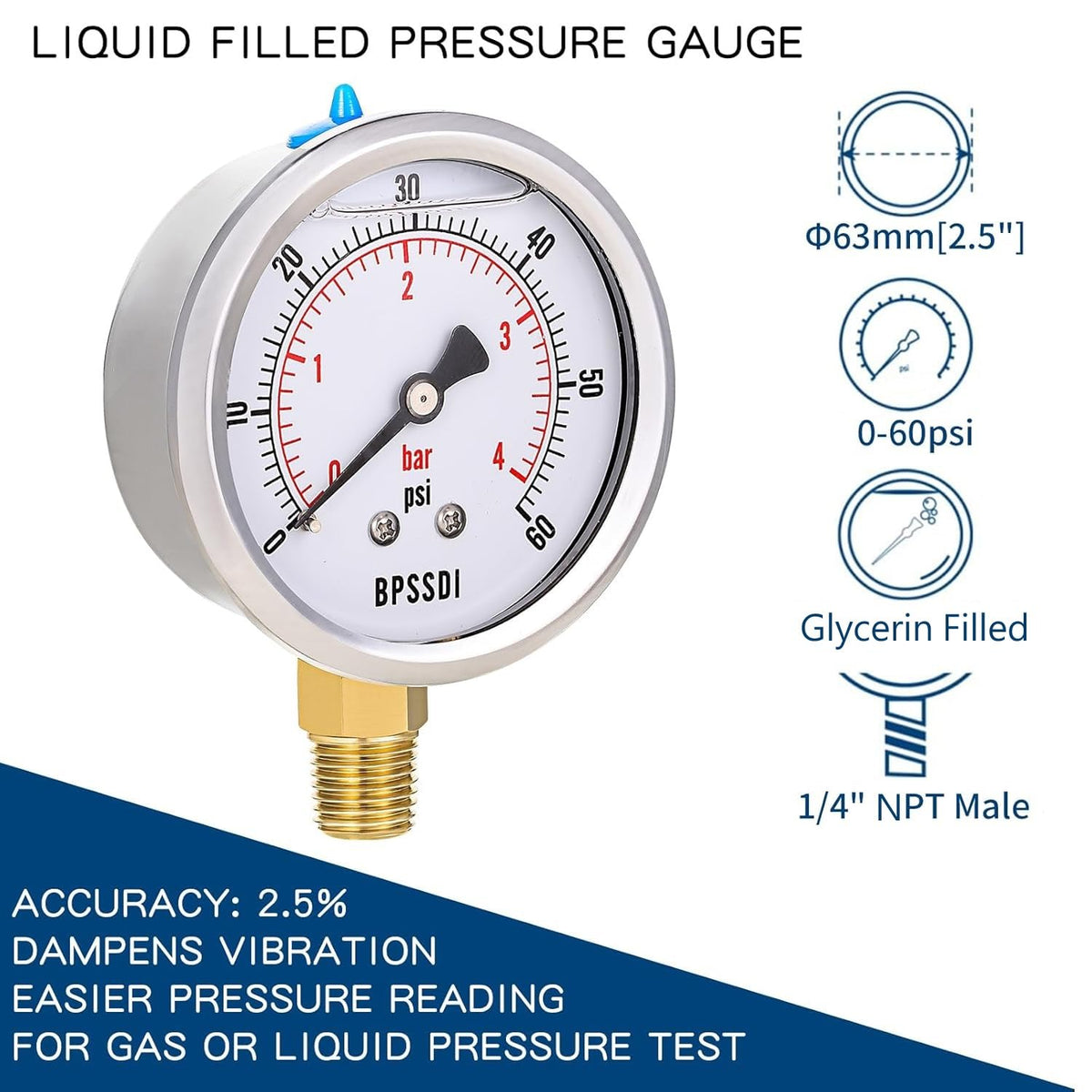 0-60 Psi Glycerin Liquid Filled Low Pressure Gauge, 2.5" Dial Size, 1/4" NPT Lower Mount, 304 Stainless Steel Case, for Water Oil Air Pressure Test, Refrigeration Systems(Such as Evaporators)