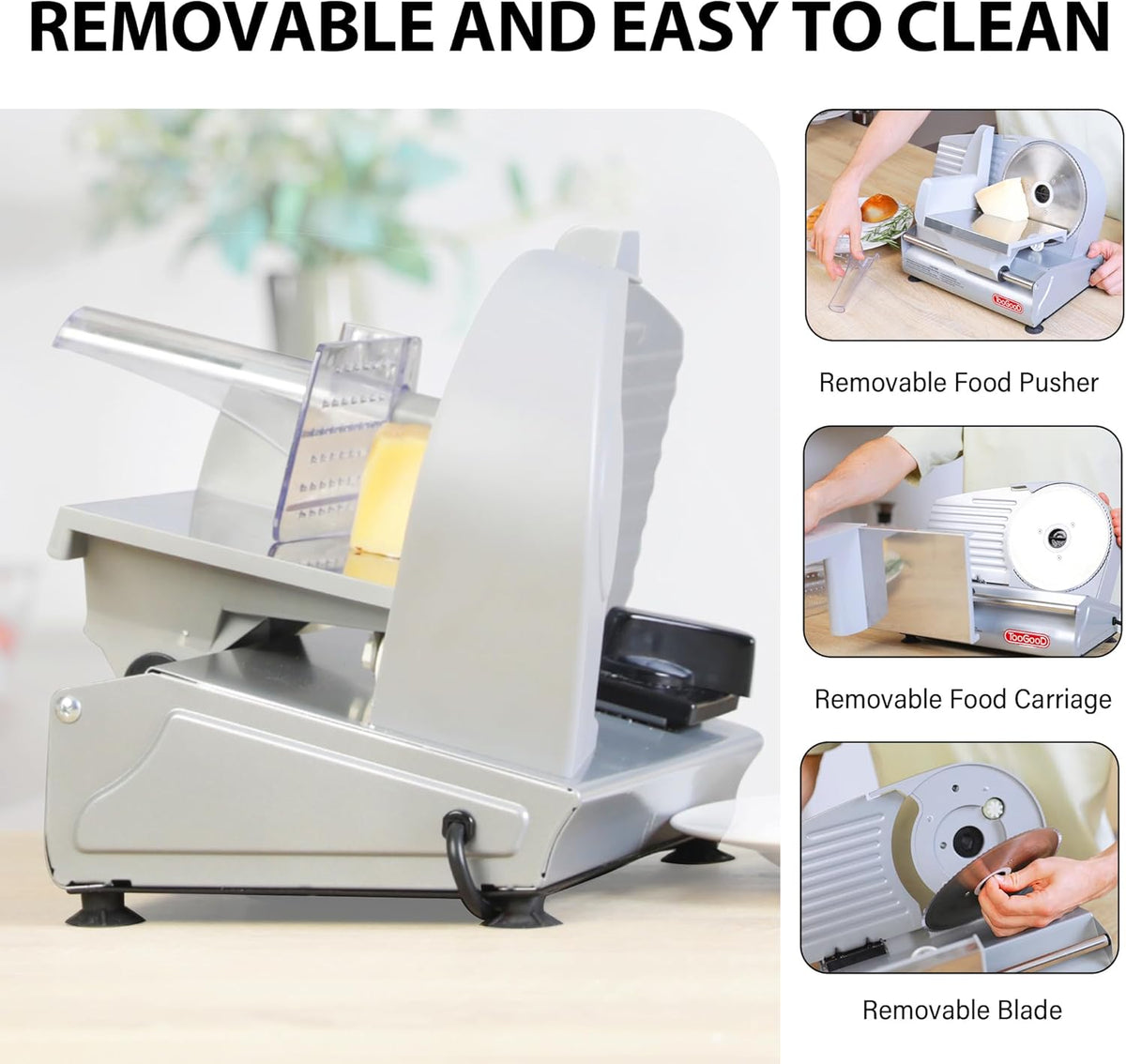 TOOGOOD 7.5" Electric Meat Slicer, Food Slicer Machine with Stainless Steel Blade, Adjustable Thickness for Home Use, Easy to Clean, Cuts Meat, Ham,Hard Cheese and Deli (Sliver)