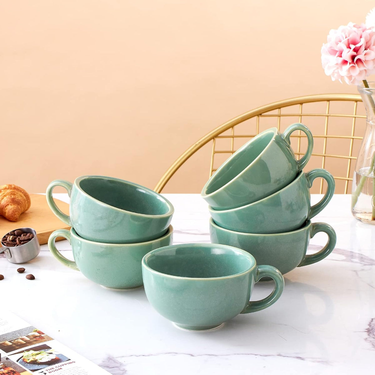 Set of 6 Cups Vintage Design 12 oz Professional Barista Ceramic Latte Art Cappuccino Cups Set (Green * 6)