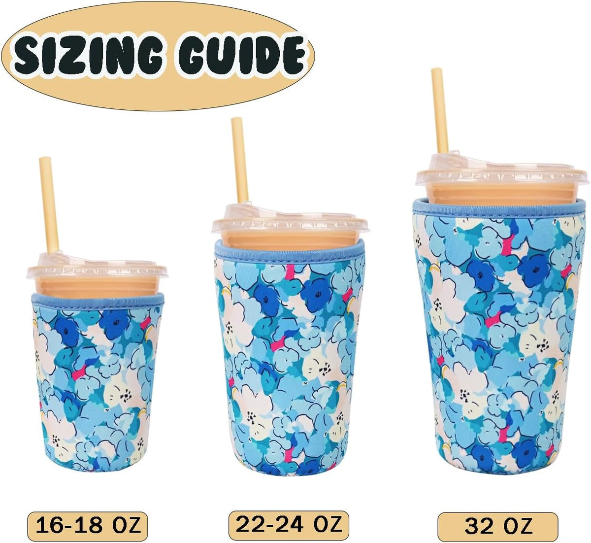 Reusable Insulated Neoprene Iced Coffee Cup Sleeve, Durable Drink Sleeve for Cold Beverages, Beverage Holder for Iced Coffee, Misty Blossom
