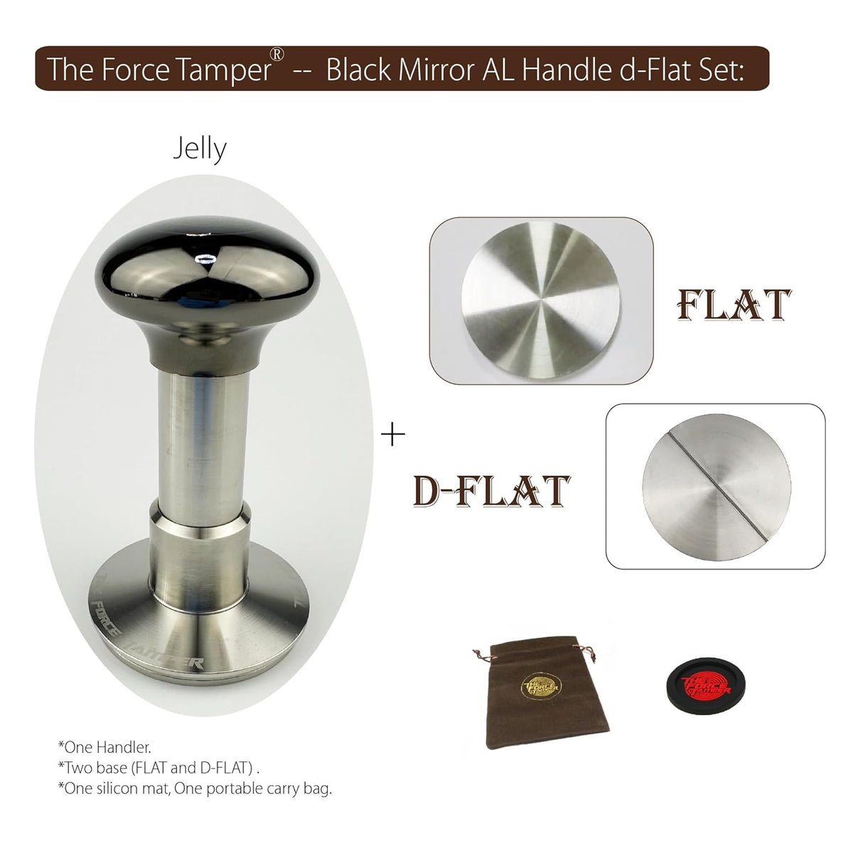 The Force Tamper Automatic Impact Adjustable Constant Pressure and Autoleveling Coffee Tamper Black Mirror Jellyfish AL Handle Set Pro (Flat-Distribute Set, 53.00mm)