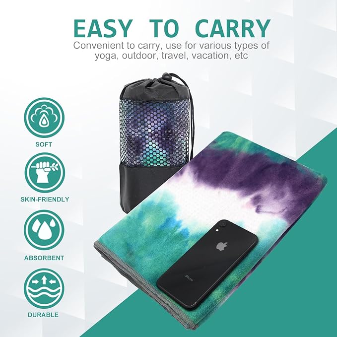 Eunzel Yoga Towel,Hot Yoga Mat Towel with Grip Dots Sweat Absorbent Non-Slip for Hot Yoga, Pilates and Workout 24" x72", Green & Purple