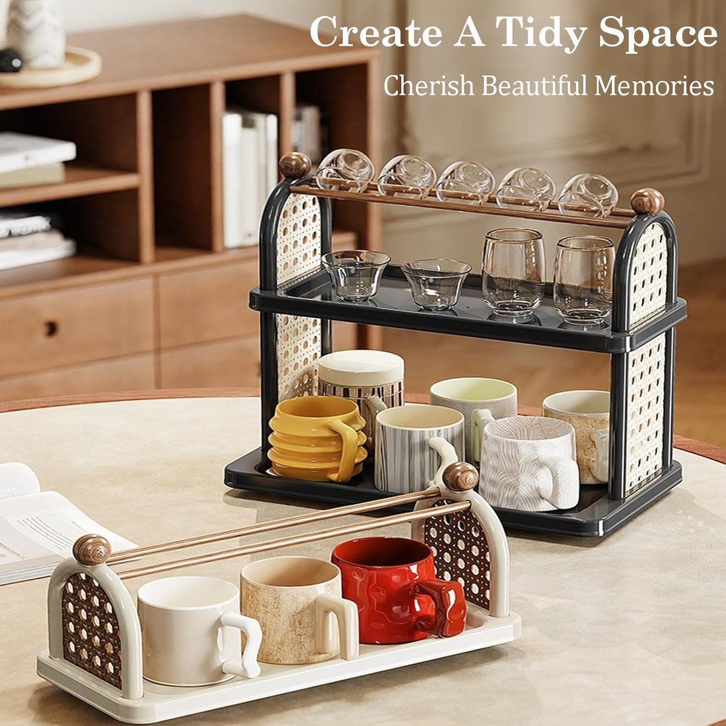 2-Tier Rattan Organizer Vintage Coffee Mug Cup Holder for Countertop Kitchen Bedroom and Living Room, Saucer Bottle Storage Kitchen Accessories (Green)