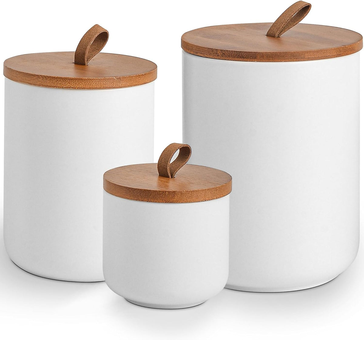 White Ceramic Canister Set with Bamboo Lids, 3-Piece Airtight Food Storage Jars for Kitchen - Flour, Sugar, Coffee, Tea, Spice - Small, Medium, Large Sizes
