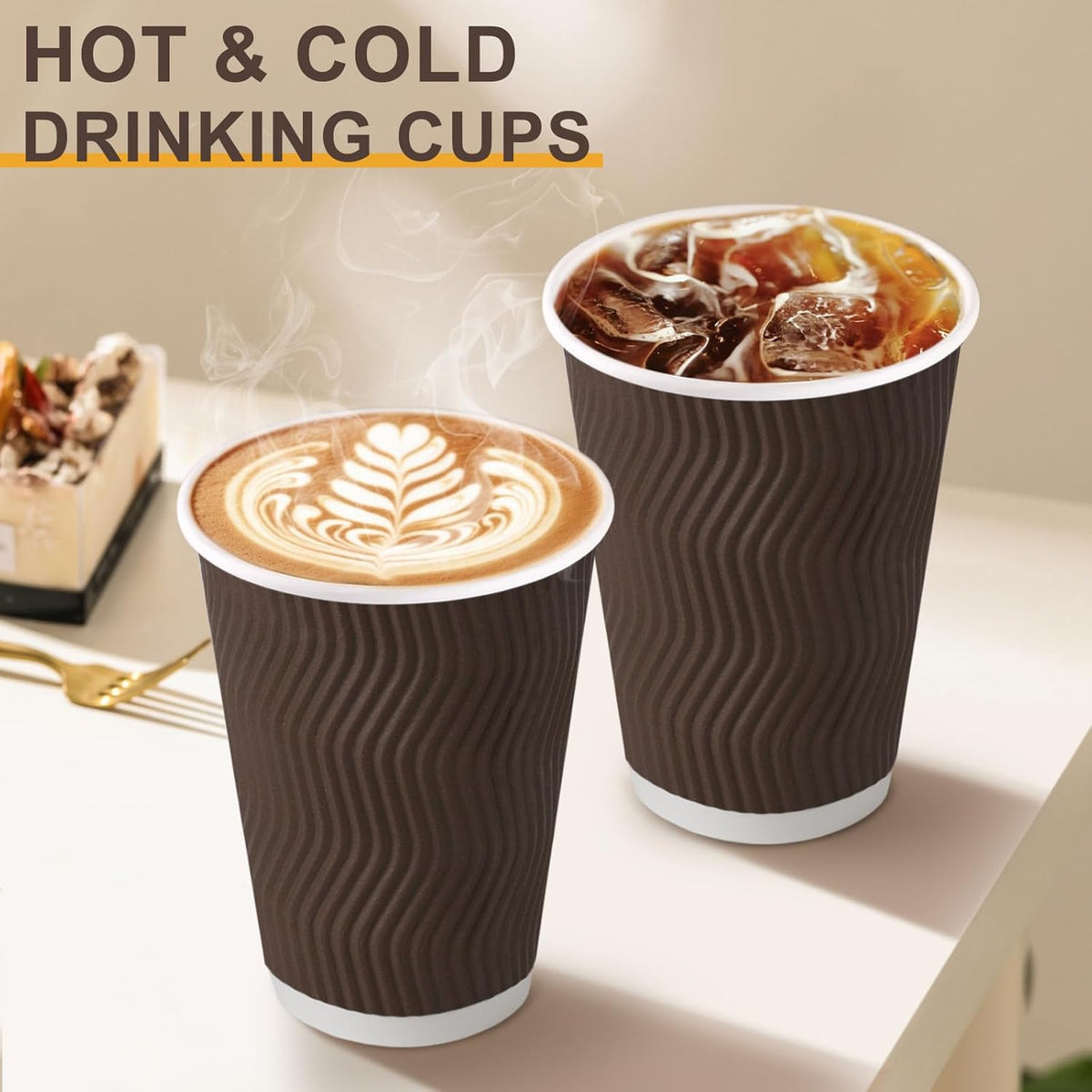 12 oz Coffee Cups Disposable, 100 Count Insulated Paper Coffee Cups, Corrugated Ripple Wall Design Paper Cup, Hot Cold Drinking Cup for Party, Picnic, Travel, Business, Home