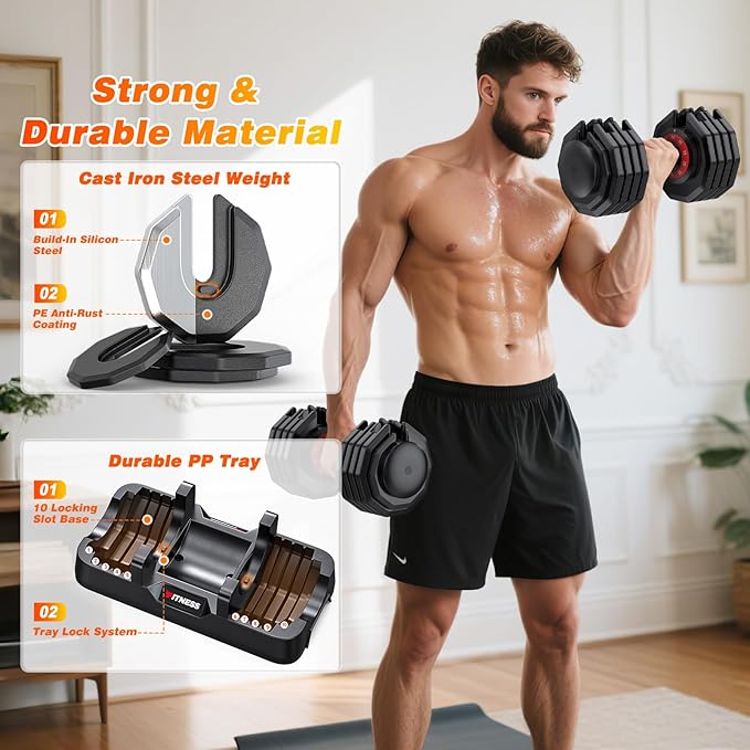 XDDIAS Adjustable Dumbbell Set of 2, 25/55/80LB Dumbbell Set-1Sec Adjustable Weights-5/10 in 1 Free Weights Dumbbells Set with Effortless Tray/No-Slip Handle-Compact Size for Women/Men at Home Gym