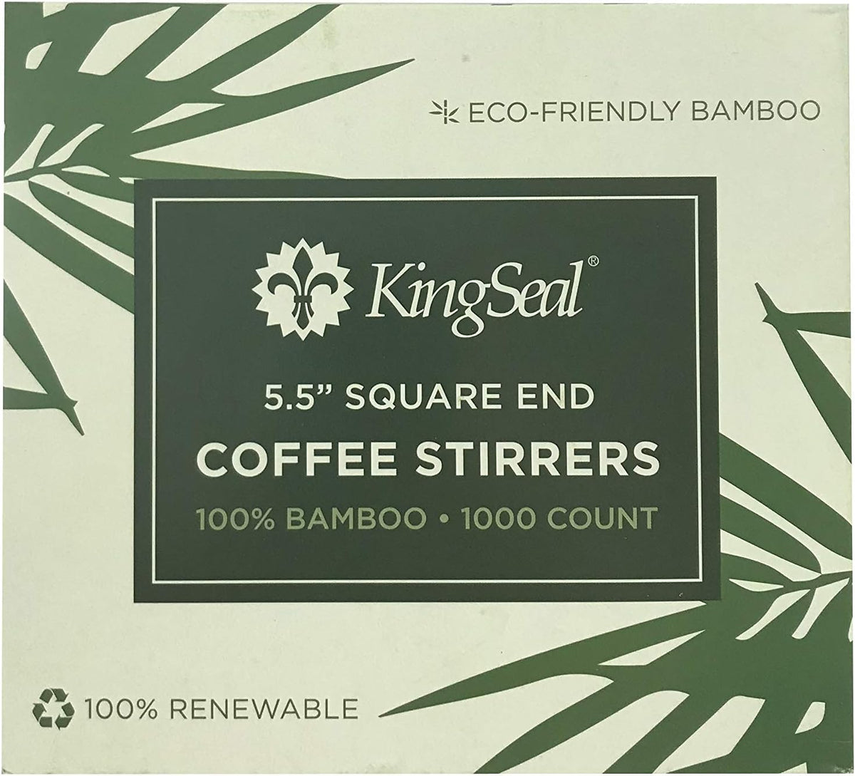 1000 Count | KingSeal Bamboo Coffee Stir Sticks, 5.5 inches, Square End, Stronger and Thicker Than Standard Wood, 100% Renewable and Biodegradable - 1 Box of 1000 Stirrers