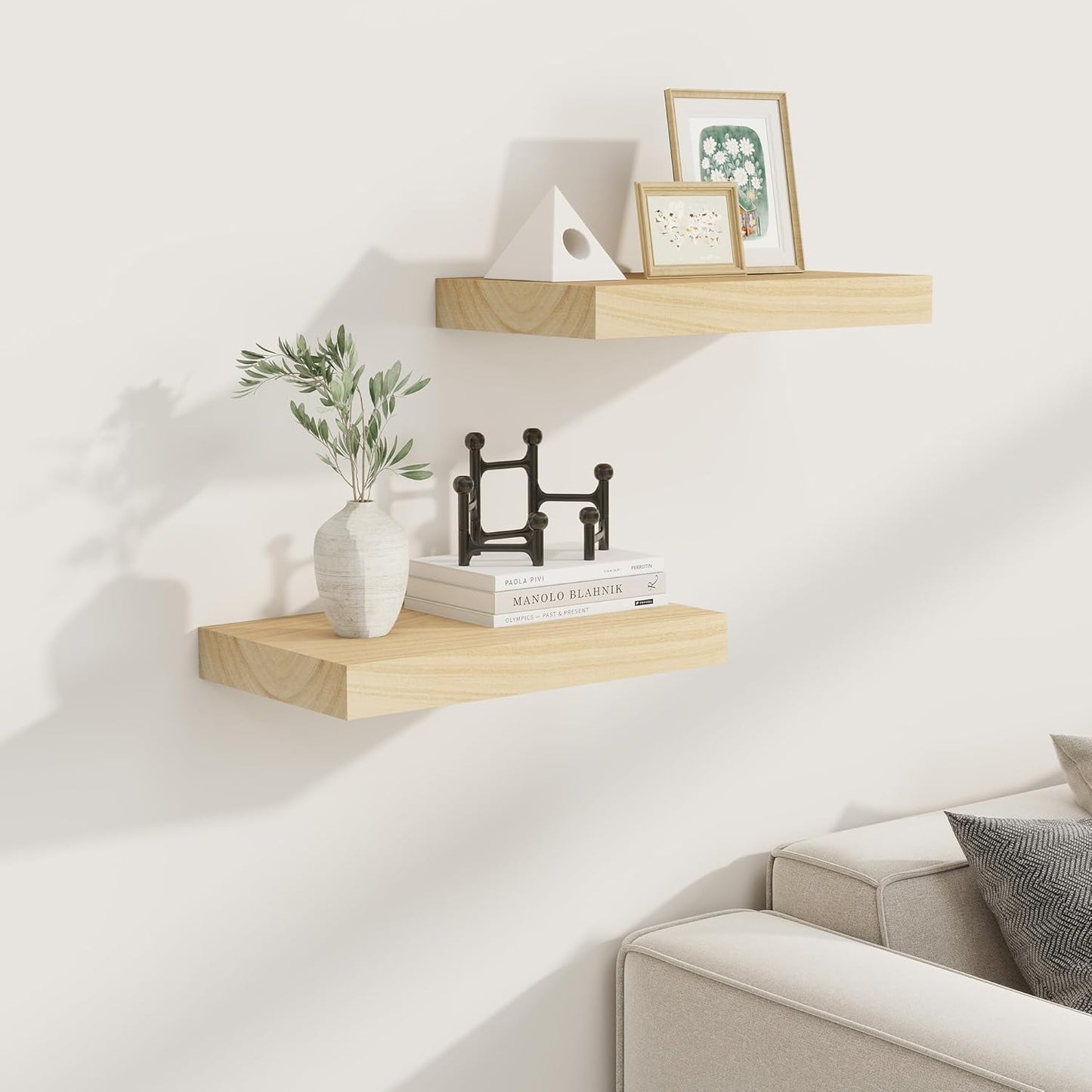 Fun Memories Deep Floating Shelves 16 Inch Long, Natural Wood Floating Shelf for Wall, Set of 2, Rustic 9 Inch Deep Wall Shelves, Deep Bathroom Shelves for Storage & Display, Burlywood