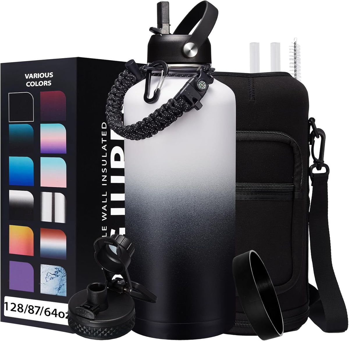 2/3 Gallon Water-Bottle with Straw & Spout Lids - 87oz Insulated Water Bottle Cold-48h Hot-24h, Men Women Stainless Steel Water Jug Travel Mug w/Strap Carrier Bag, Paracord Handle, Protective Boot