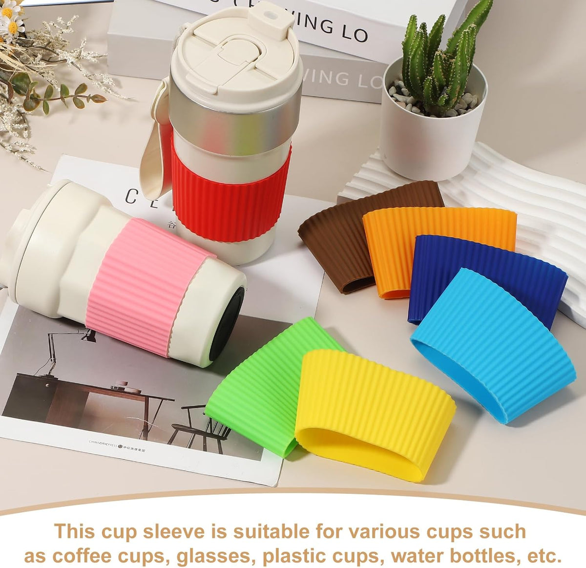 uxcell 6Pack Coffee Cup Sleeves, Reusable Silicone Heat Resistant Cup Protective Sleeve Nonslip Mug Protector Cover for Home Travel Coffee Mug Glasses Water Bottle Boots, Rose Red/Black