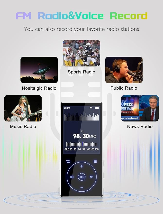 96GB MP3 Player with Bluetooth 5.0: Portable Lossless Sound Music Player with HD Speaker,2.4" Screen Voice Recorder,FM Radio,Touch Buttons,Support up to 64GB for Sport(Earphones&64GB TF Card Included)