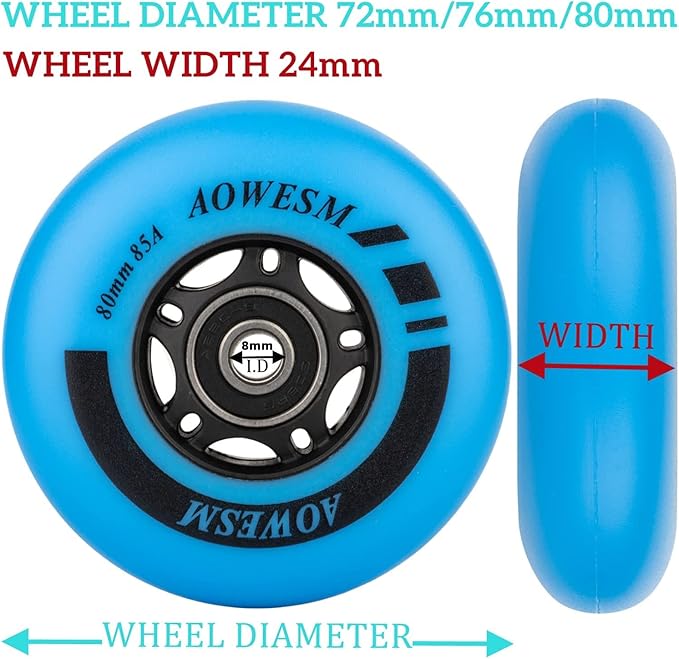 AOWESM Inline Skate Wheels 80mm 76mm 72mm 85a Outdoor Indoor Black Blue Red Roller Hockey Blades Replacement Wheels w/Bearings ABEC-9 and Floating Spacers (8-Pack)