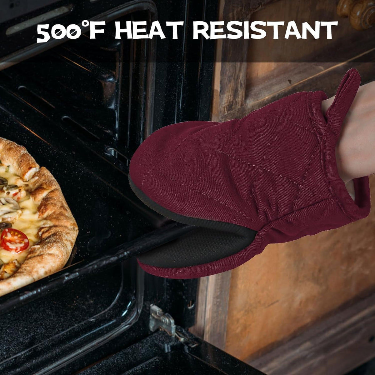 Oven Mitts and Pot Holders Set, Pack of 4, Heat Resistant Silicone Kitchen Mini Oven Mittens for 500 Degrees, Mini Oven Gloves and Hot Pads for Baking Grilling Barbecue Microwave Machine Washable