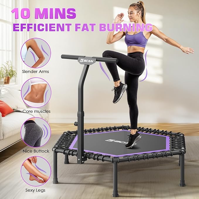 BCAN 51" Mini Hexagon Trampoline, Max Load 450 LBS Fitness Trampoline with T-Adjustable Handle Bar, Silent Bungees, Larger, More Stable, Quieter Exercise Rebounder for Adults Indoor/Garden Workout