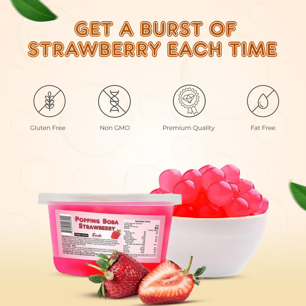 Fanale Strawberry Popping Boba Pearls, Vegan, Non GMO, Gluten Free, Fat Free, Perfect for Bubble Tea, Smoothies, Ice Cream, Desserts, and Beverages 1lb x 12.