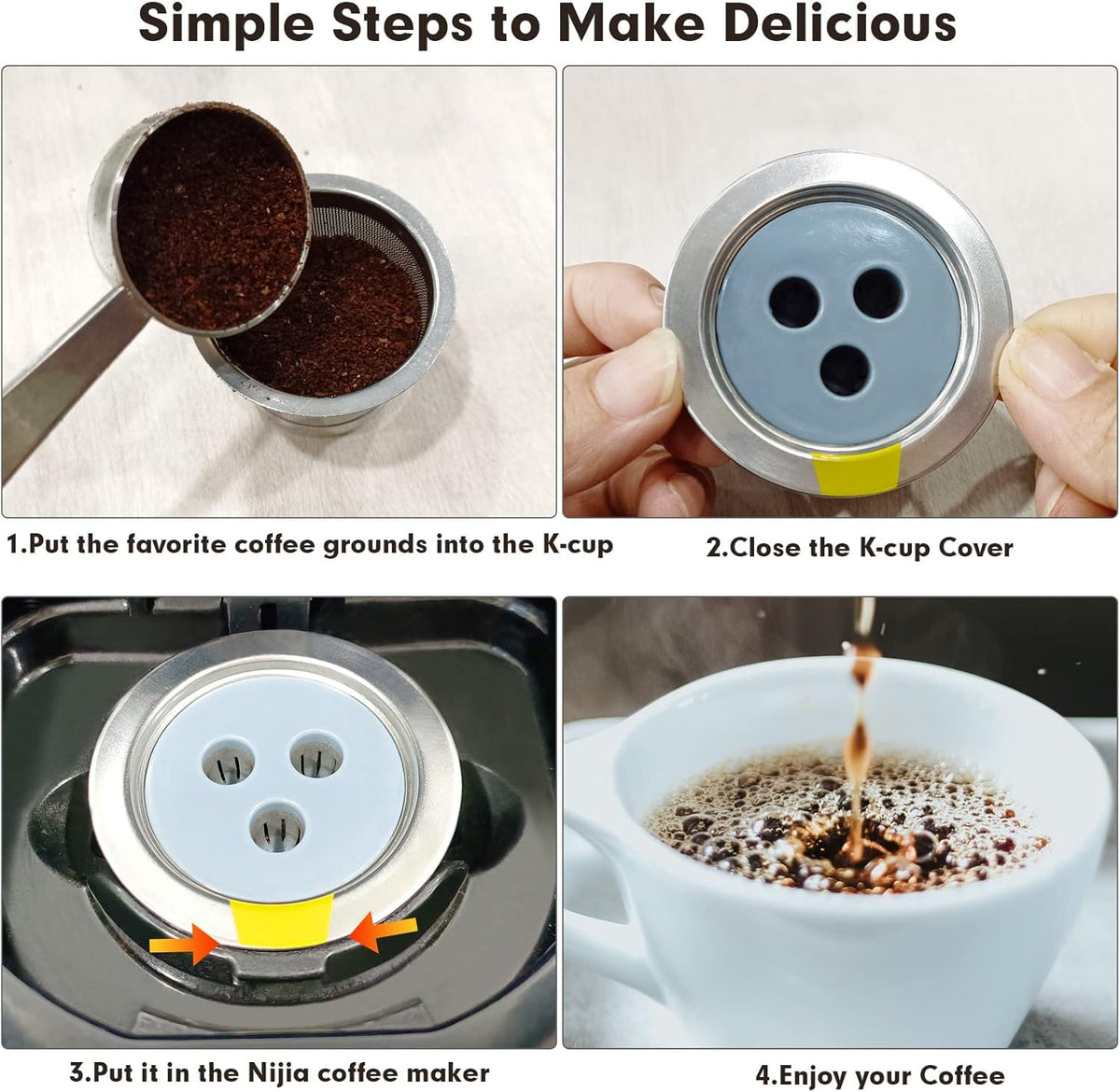 Reusable K Cups Compatible with Ninja Coffee Maker,Stainless Steel 4 Pack Reusable Coffee Pods,Permanent K Cups Coffee Filters Fit for Ninja CFP201 CFP 300 CFP301 CFP305 CFP307 CFP400 (4Pack)