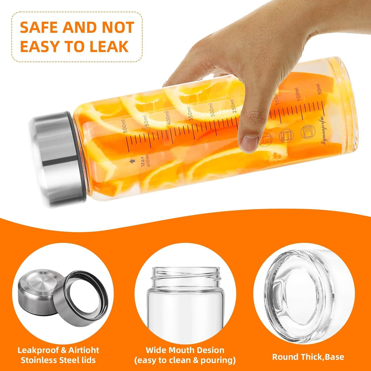 Glass Juice Bottles 20 oz - Wide Mouth Glass Water Bottles with Lids and Sleeve- for Juicing, Smoothies, Milk, Protein, Reusable, Stainless Steel Lids, Leak Proof, Shaker bottle (20oz/600ml)