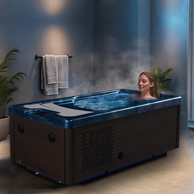 Borealis 69-in. All-in-One Cold Plunge and Hot Tub with Built-in Chiller | Acrylic Interior with 2 Jets, Bluetooth Speakers, Lights, WiFi App Control Chiller for Indoor/Outdoor Use – Blue