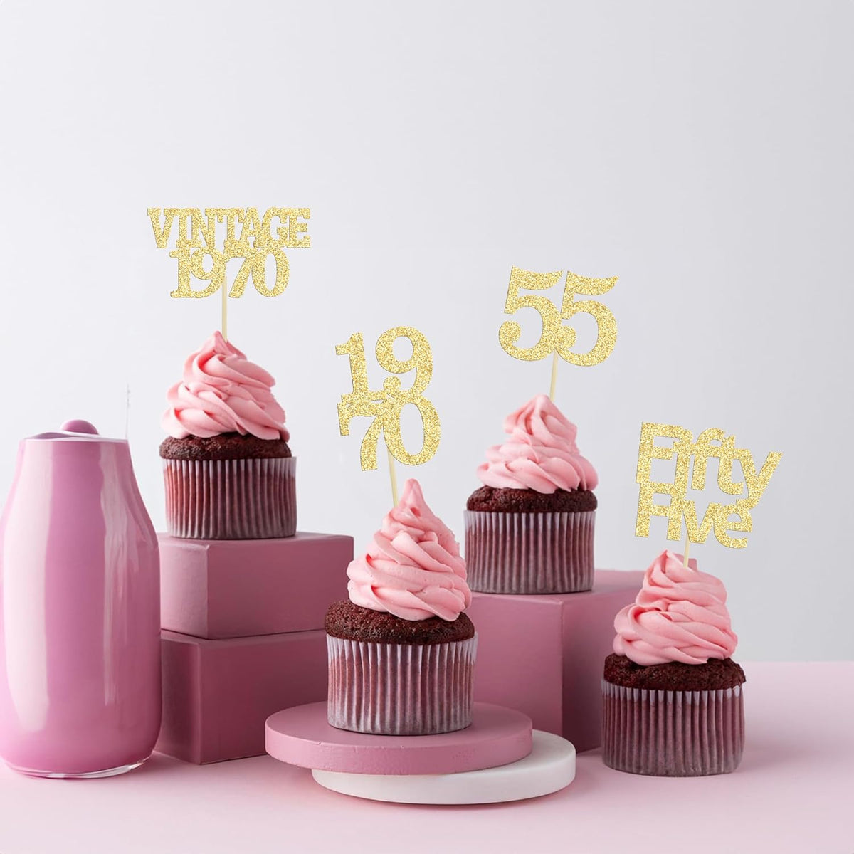 Gyufise 24Pcs 55th Birthday Cupcake Toppers Glitter Cheers to 55 Fabulous Fifty Five Vintage 1970 Cupcake Picks 55th Birthday Wedding Anniversary Party Cake Decorations Supplies Gold