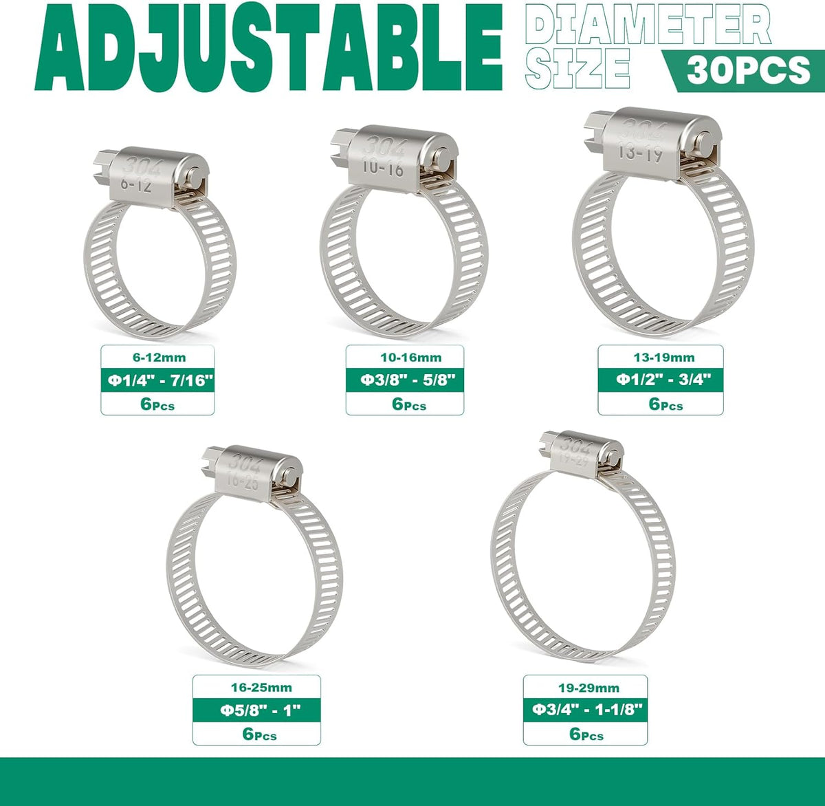 30PCS Hose Clamps Stainless Steel Assortment Adjustable 1/4"-1-1/8"(6-29mm) Worm Gear Hose Clamp, Heavy Duty Metal Small Hose Clamps for Automotive, Pipe, Radiator Plumbing, Fuel Line