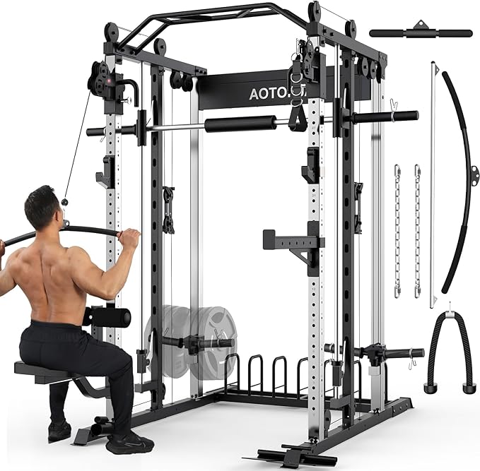 Smith Machine Strength Training Squat Rack with Smith Bar, Power Cage with LAT Pull-Down Systems, Cable Crossover Machine for Home Gym and More Training Attachment