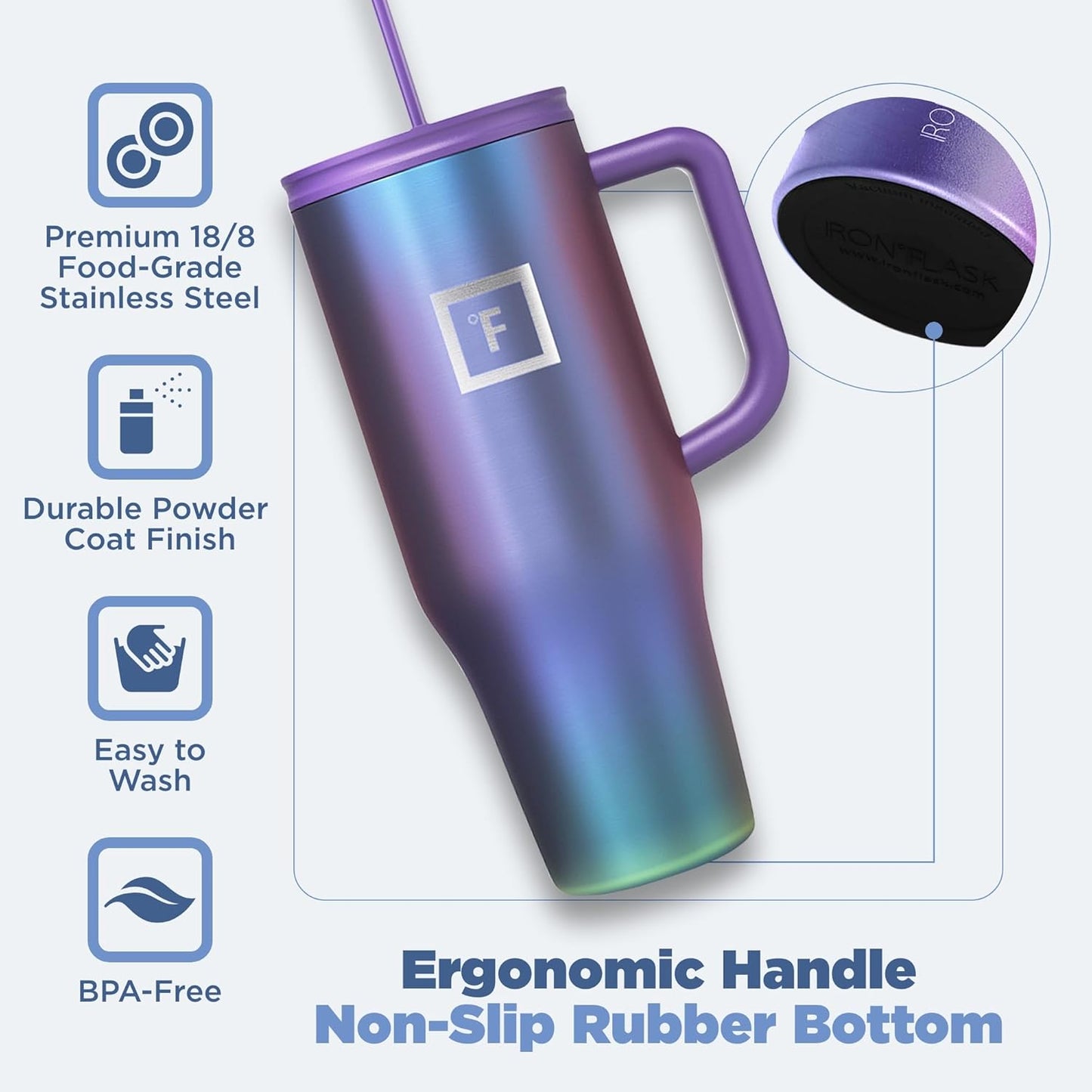 IRON °FLASK Co-Pilot Insulated Mug w/Straw & Flip Cap Lids - Cup Holder Bottle for Hot, Cold Drink - Leak-Proof- Water, Coffee Portable Travel Tumbler - Lavender, 40 Oz
