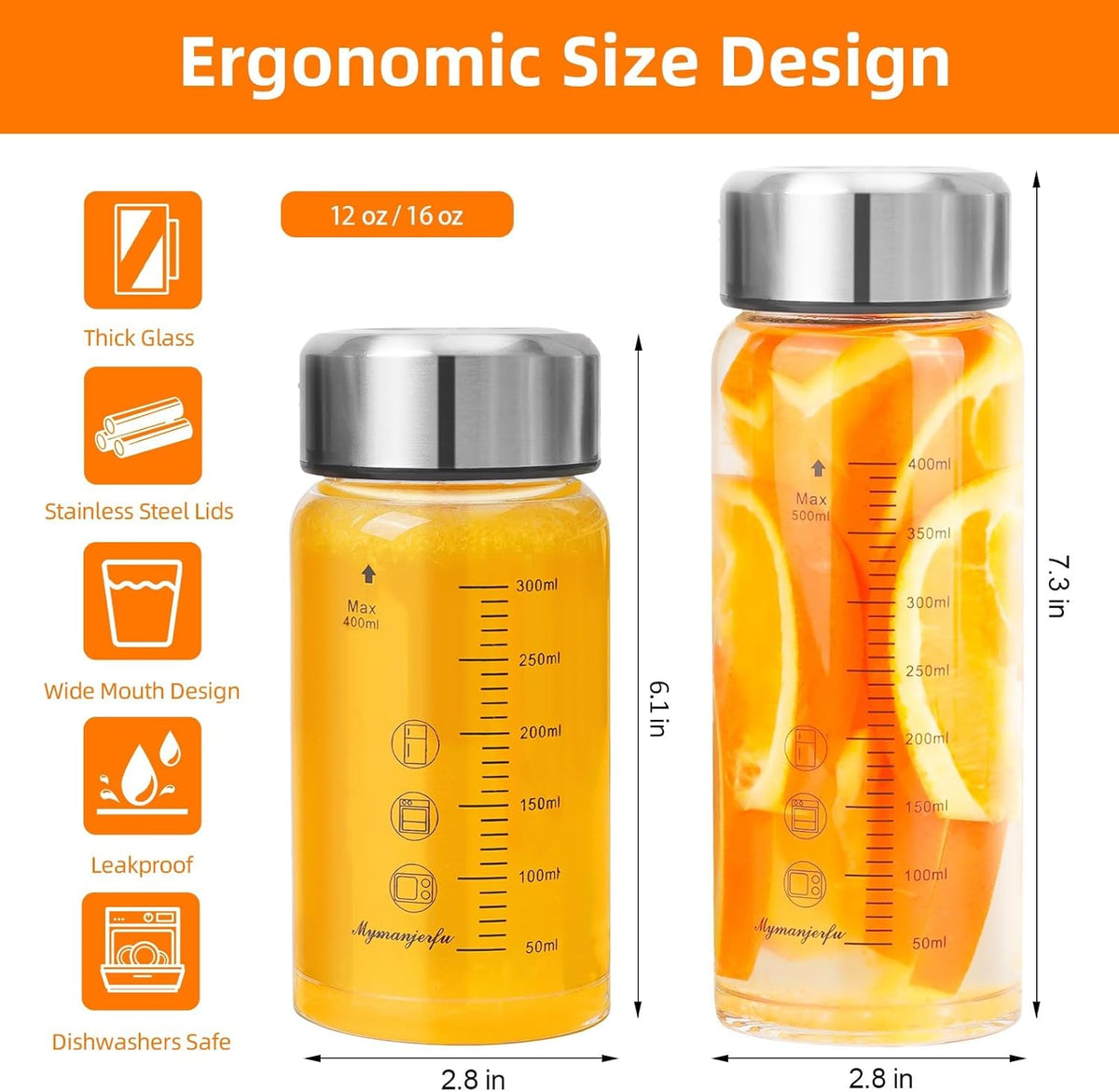 Glass Juice Bottles 12 oz - Wide Mouth Glass Water Bottles with Lids and Sleeve- for Juicing, Smoothies, Milk, Protein, Reusable, Stainless Steel Lids, Leak Proof, Shaker bottle (12oz/400ml)