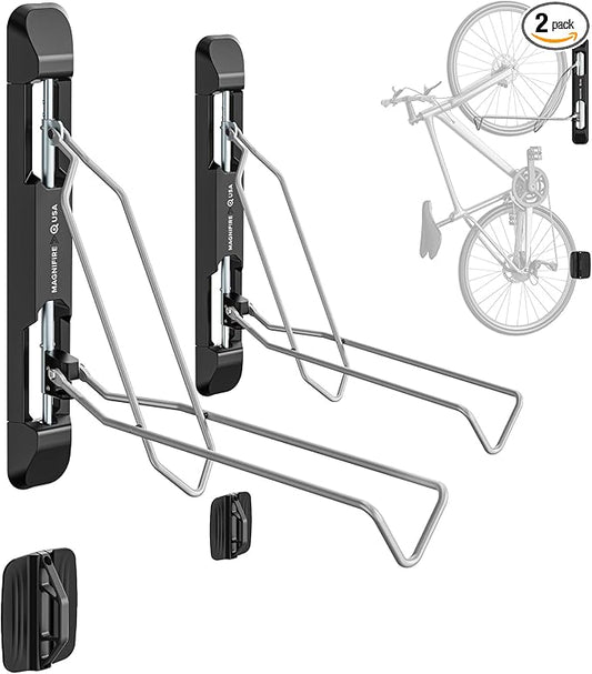 Bicycle Rack for Garage and Indoor Use, Adjustable, Foldable Bike Rack Set of 2 - Wall Mount for Road, Hybrid, Small Mountain, BMX Bikes - Secure and Space Saving Bike Storage (2 Pack)