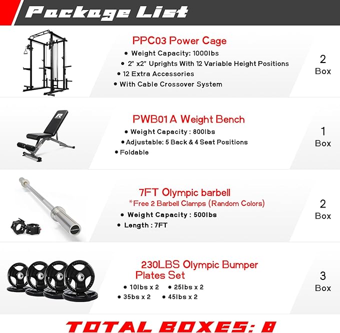 RitFit Multi-Function Squat Rack Power Cage PPC03 with Cable Crossover System, 1000LBS Capacity Power Rack and Packages with Optional Weight Bench, Barbell Weight Set, for Garage Workout & Home Gym