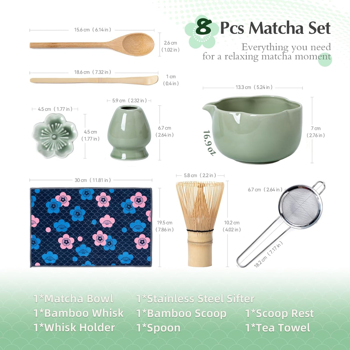 Matcha Set, 8Pcs Floral Ceramic Matcha Set with Matcha Whisk, Holder, Scoop, Scoop Rest, Sifter, Spoon and Tea Towel - Thoughtful Matcha Whisk Set Gift for Matcha Lovers (Green)