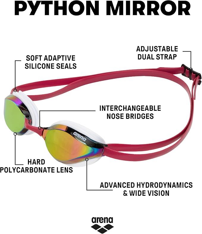 ARENA Unisex Python Racing Swim Goggles for Men and Women Anti-Fog No Leak Max Comfort Dual Strap, Mirror/Non-Mirror Lens