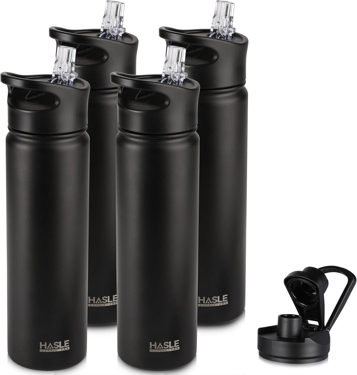 HASLE OUTFITTERS Insulated Water Bottle 22 oz Double Wall Stainless Steel Water Bottle Wide Mouth with Straw Lid & Spout Lid Keeps Cold or Hot(Black,4)