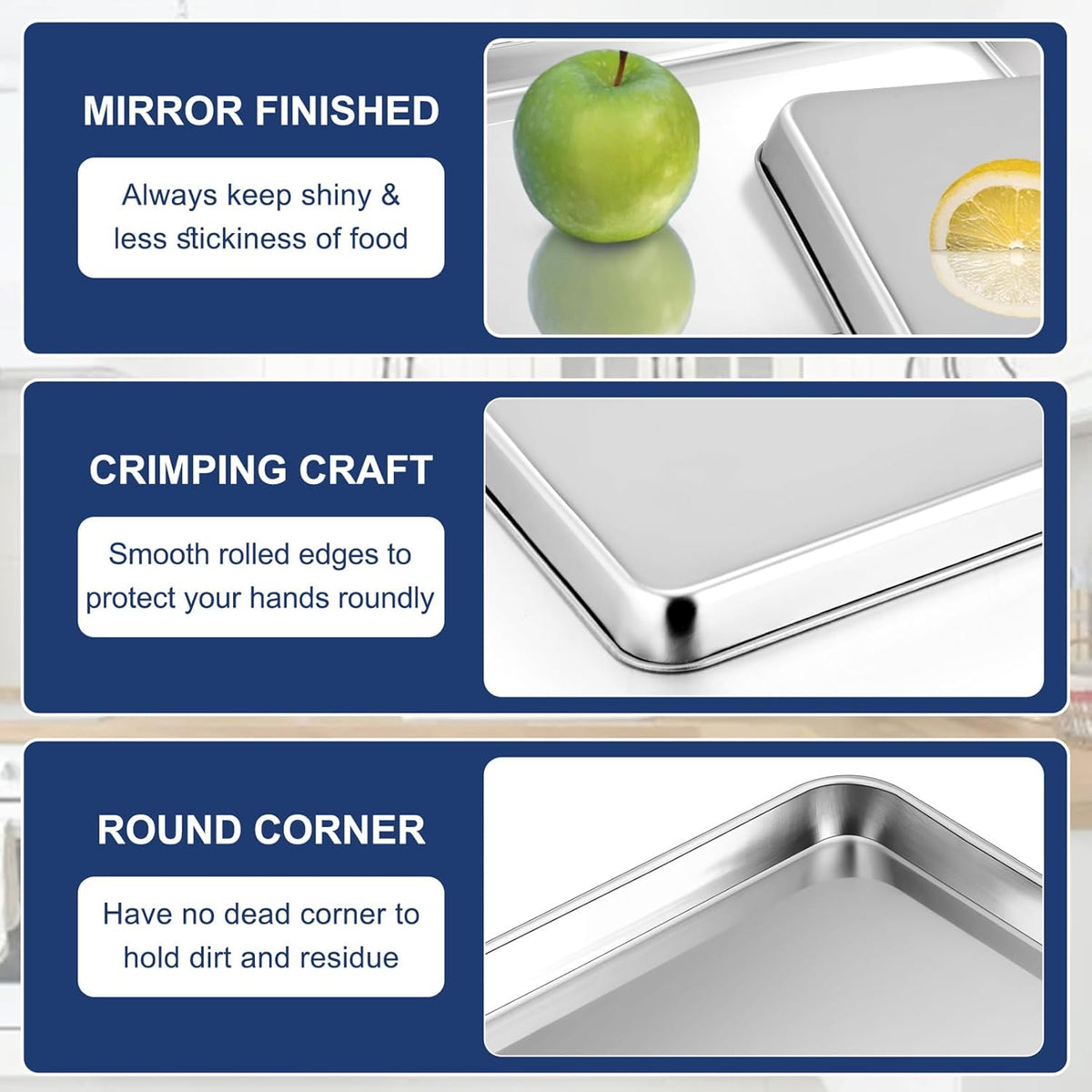 P&P CHEF 10.5 Inch Baking Cookie Sheet, Oven Pan Tray Stainless Steel Sheet Pan for Kitchen, Oven Bakeware for Multi Uses, Shiny Look & Dishwasher Safe, Healthy & Heavy Duty, 2Pcs