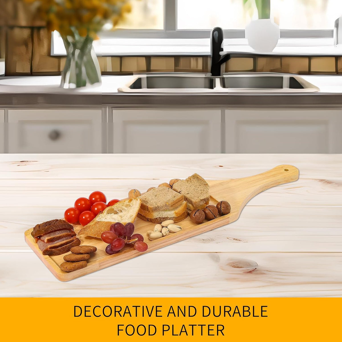 Premium Rubberwood Charcuterie Board with Handle – Durable Wooden Serving Platter for Cheese, Meat, and Appetizers – Perfect for Entertaining, Parties, and Gifts