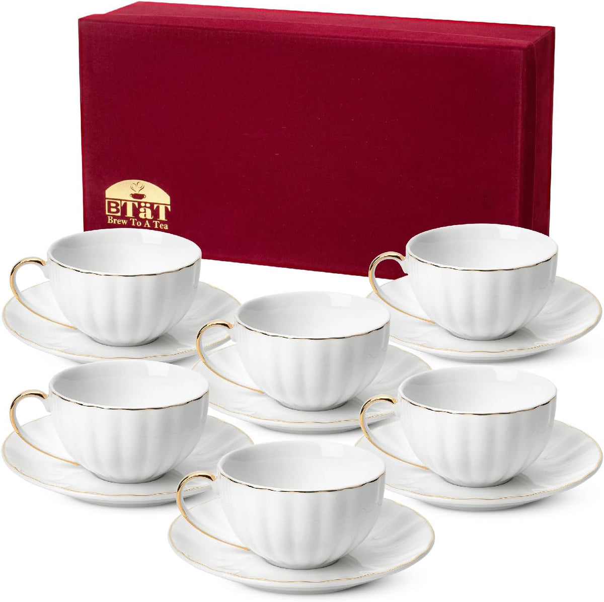 BTaT- White Tea Cups and Saucers Set With Gift Box, 7oz, Set of 6 With Gold Rim, for Adults, Bulk