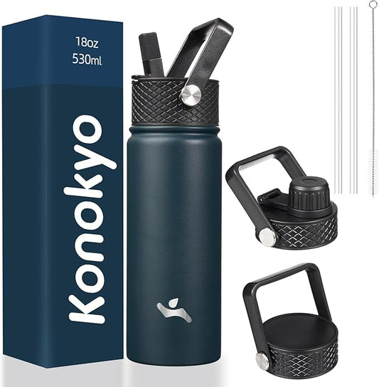 18 oz Insulated Water Bottle Stainless Steel Sport Bottles with 3 Lids,Navy Blue