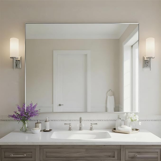 27x36 Inch Nickel Bathroom Mirror for Wall, Aluminum Frame Rectangle Rectangular Vanity Mirror, Modern Large for Bedroom, Living Room, Horizontal or Vertical