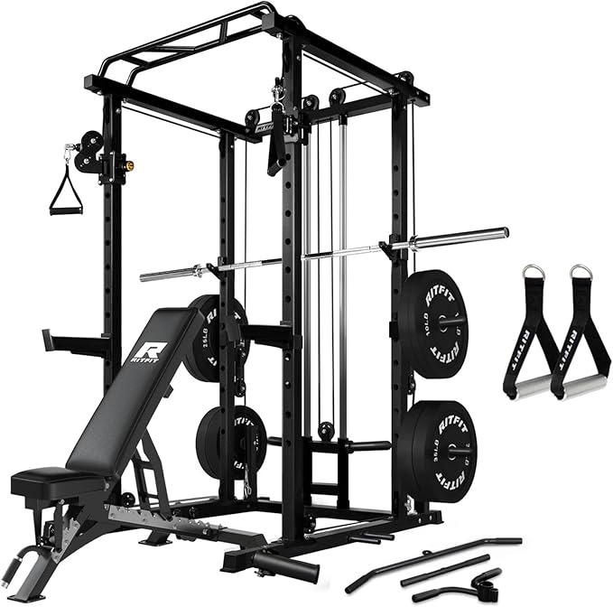 RitFit Multi-Function Squat Rack Power Cage PPC03 with Cable Crossover System, 1000LBS Capacity Power Rack and Packages with Optional Weight Bench, Barbell Weight Set, for Garage Workout & Home Gym