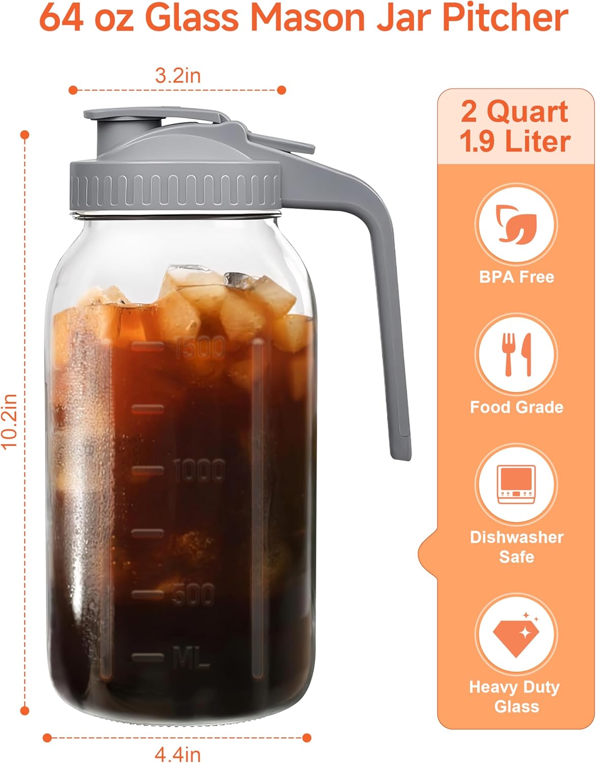 2 Quart Wide Mouth Glass Pitcher with Lid, 64oz Mason Jar Pitchers, Leak-proof Iced Tea Pitcher,Heavy Duty Container for Fridge Sweet Tea,Juice,Cold Brew Coffee,Breastmilk Storage Drinks-1PACK/Yellow