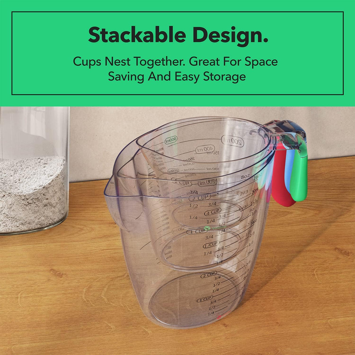 Vremi 3 Piece Plastic Measuring Cups Set - BPA Free Liquid Nesting Stackable Measuring Cups with Spout and Decorative Red Blue and Green Handles - includes 1, 2 and 4 Cup with Ml and Oz Measurement