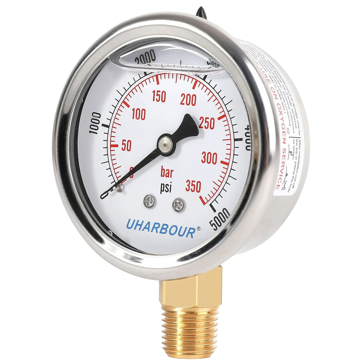 Glycerin Filled Pressure Gauge 5000psi/350bar, Stainless Steel case, Brass Inside Construction, 2-1/2" dial, 1/4" NPT Rear Connection.