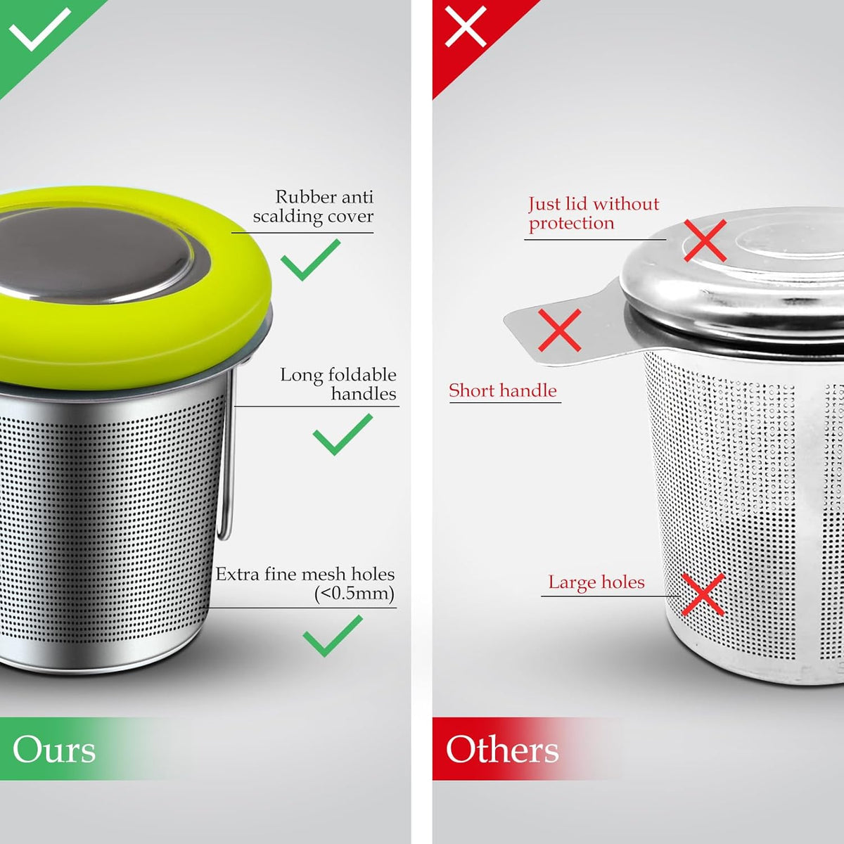 Fenshine Tea Infuser Stainless Steel Tea Strainer Folding Handle Tea Filter Extra Fine Mesh Strainer Brewing Basket with Lid for Loose Leaf Tea (Green)